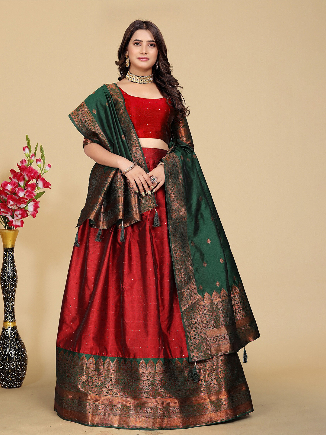 

MAHALASA Semi-Stitched Lehenga & Blouse With Dupatta, Red