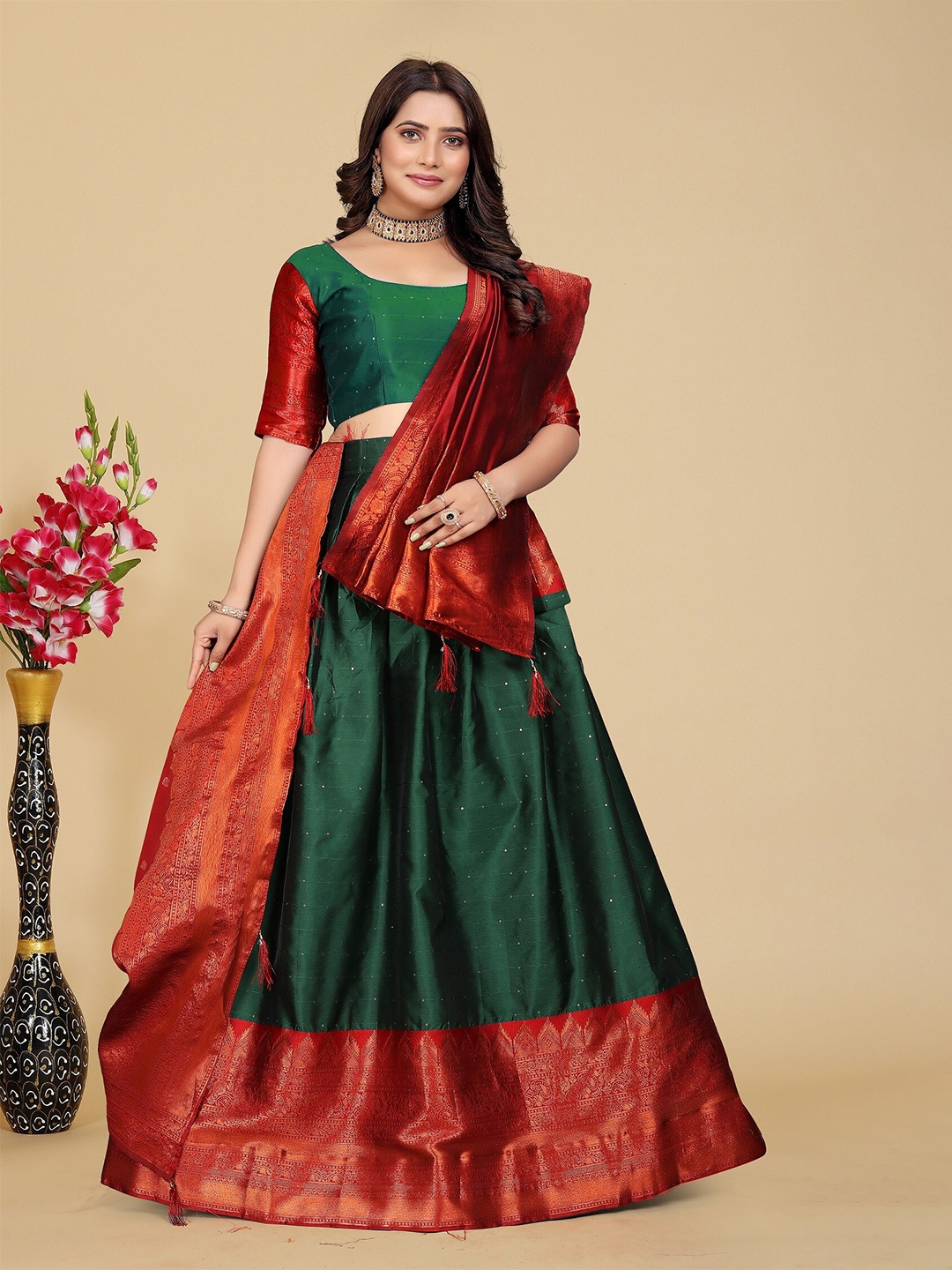 

MAHALASA Semi-Stitched Lehenga & Blouse With Dupatta, Green