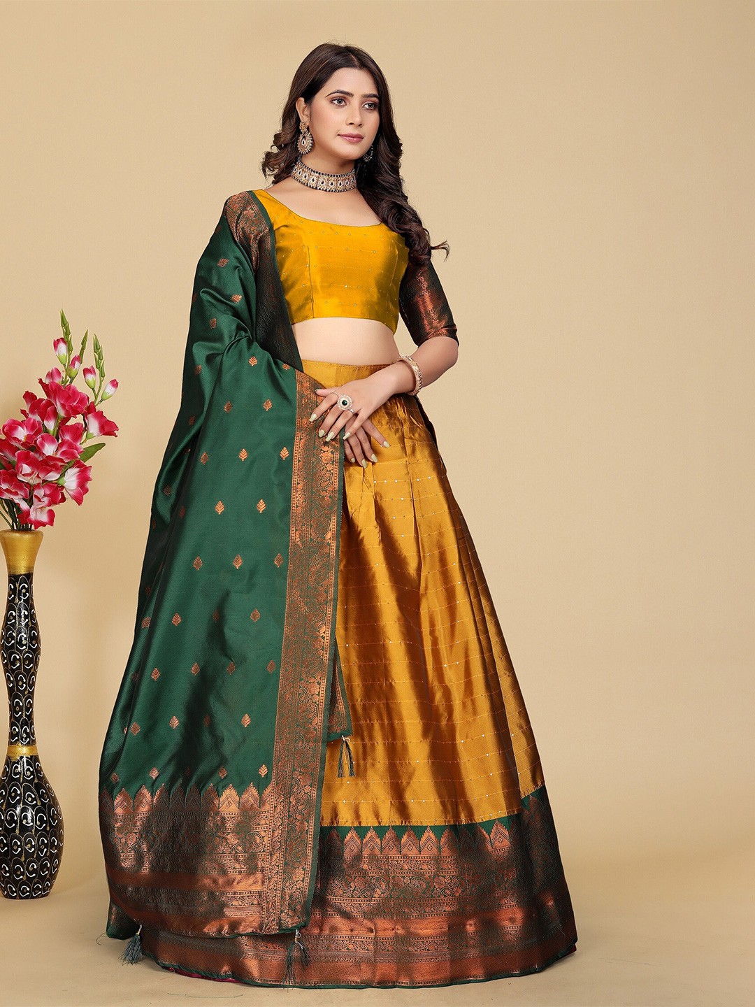 

MAHALASA Semi-Stitched Lehenga & Blouse With Dupatta, Mustard