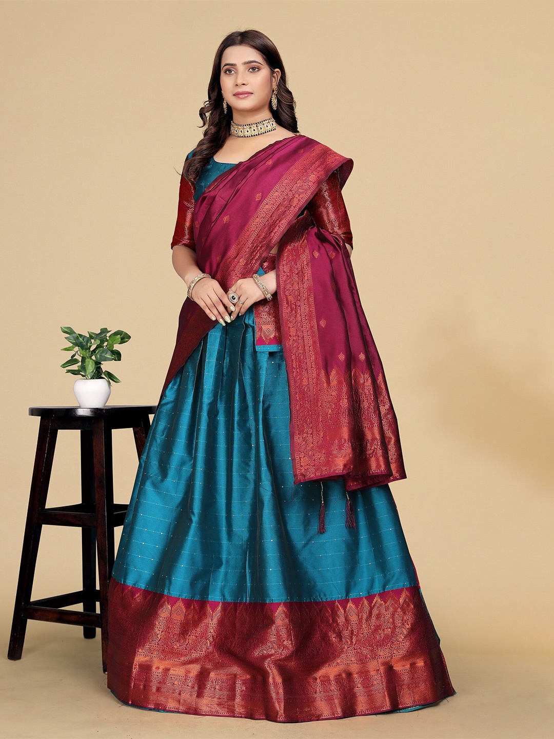 

MAHALASA Semi-Stitched Lehenga & Blouse With Dupatta, Turquoise blue