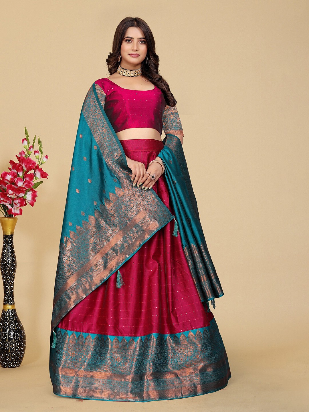 

MAHALASA Semi-Stitched Lehenga & Blouse With Dupatta, Pink