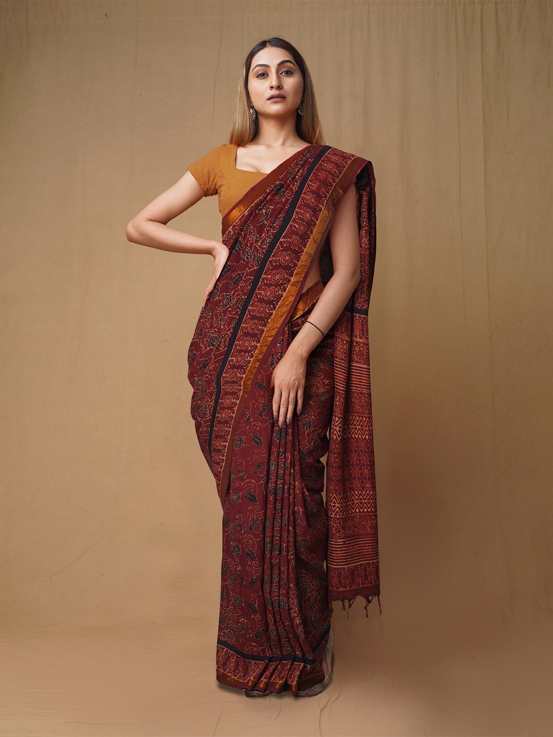 

Unnati Silks Ajrak Block Zari Pure Silk Handloom Chanderi Saree, Brown