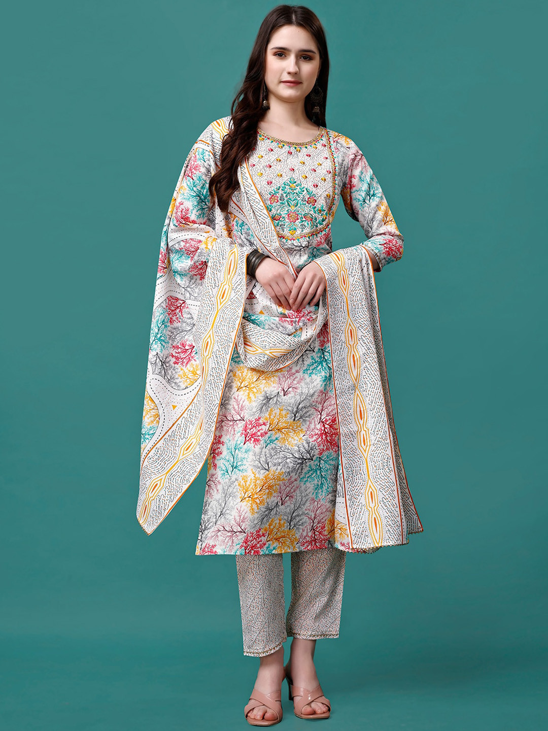 

KALINI Floral Printed Embroidered Thread Work Straight Kurta With Trousers & Dupatta, White
