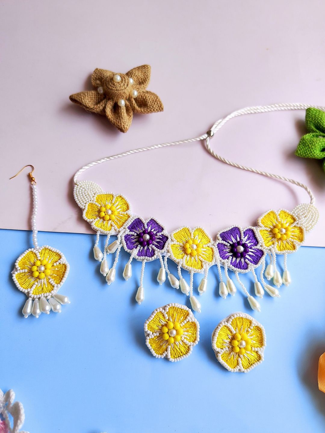 

Sangria Gold-Plated Floral Beaded Boho Necklace And Earrings With Maang Tika