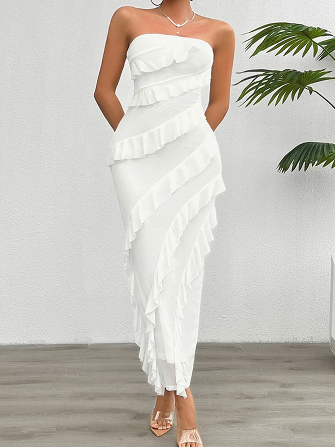 

StyleCast x Revolte Strapless Sleeveless Ruffled Maxi Dress, White