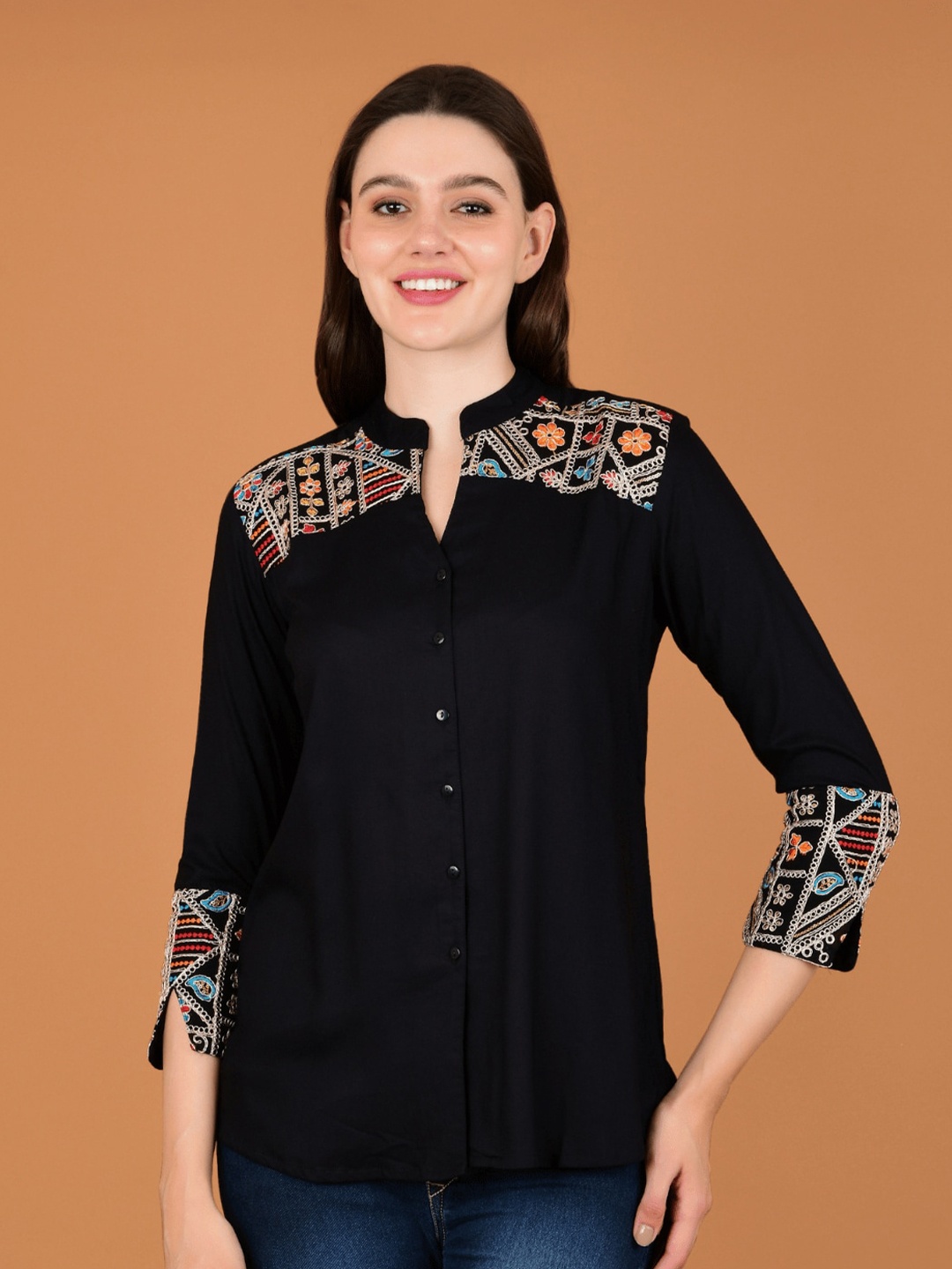 

Boholyfe Floral Embroidered Mandarin Collar Curved Casual Shirt, Black