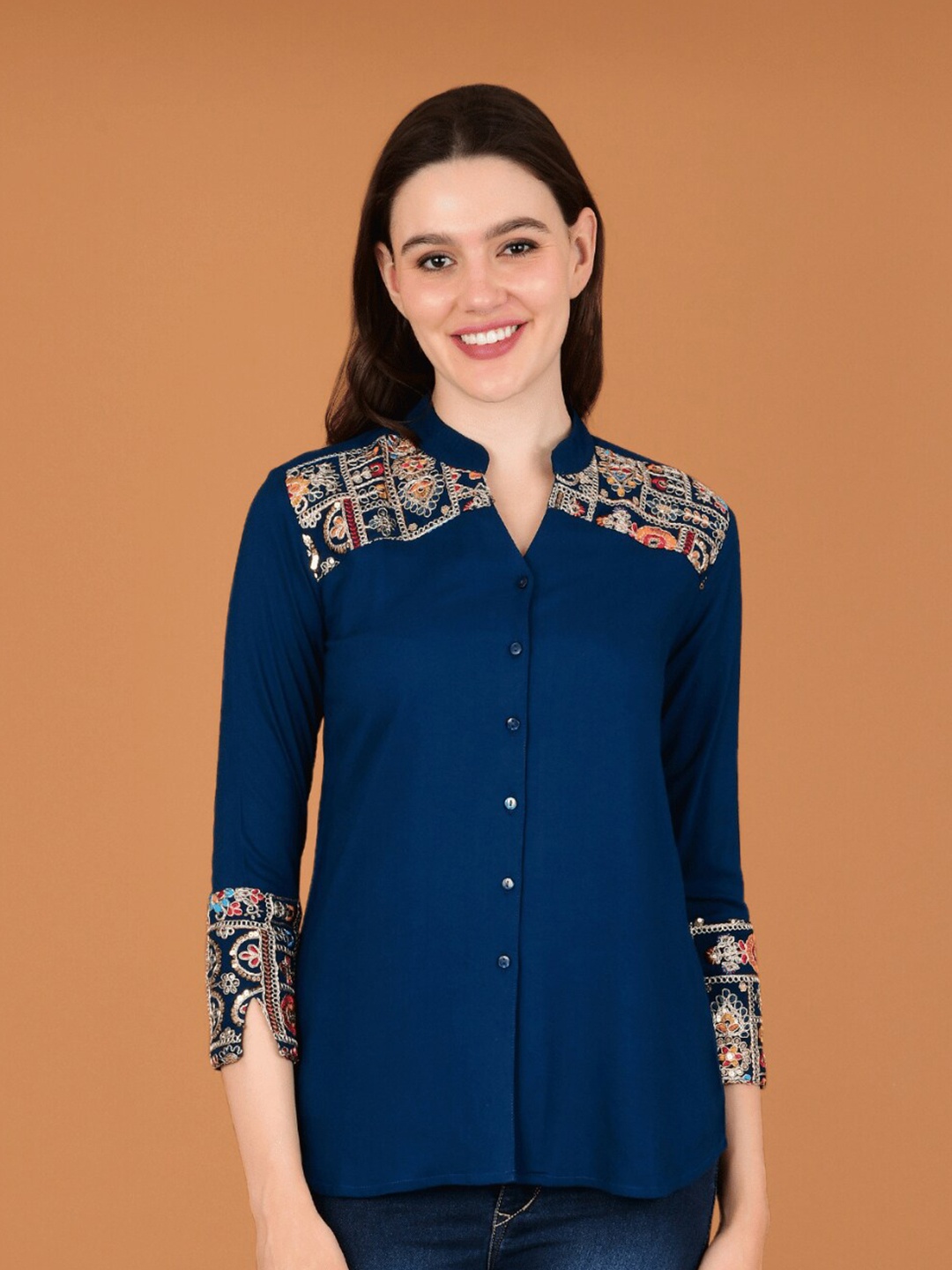 

Boholyfe Floral Embroidered Mandarin Collar Curved Casual Shirt, Navy blue