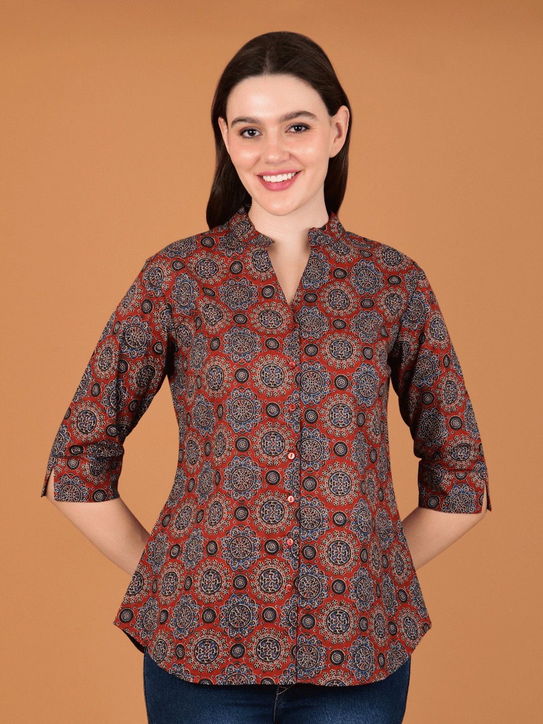 

Boholyfe Floral Printed Mandarin Collar Curved Cotton Casual Shirt, Maroon