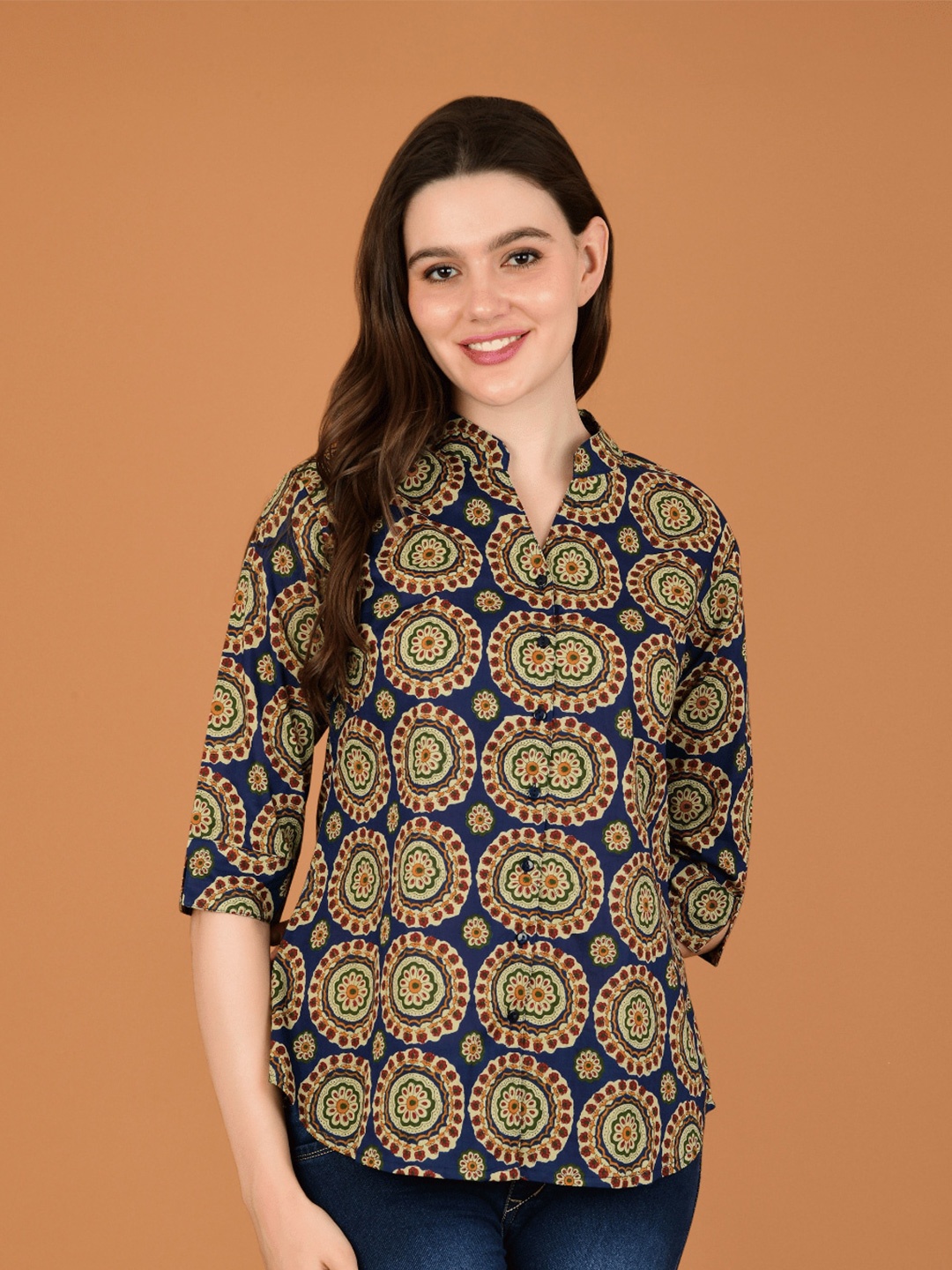 

Boholyfe Ethnic Motifs Printed Mandarin Collar Curved Cotton Casual Shirt, Navy blue