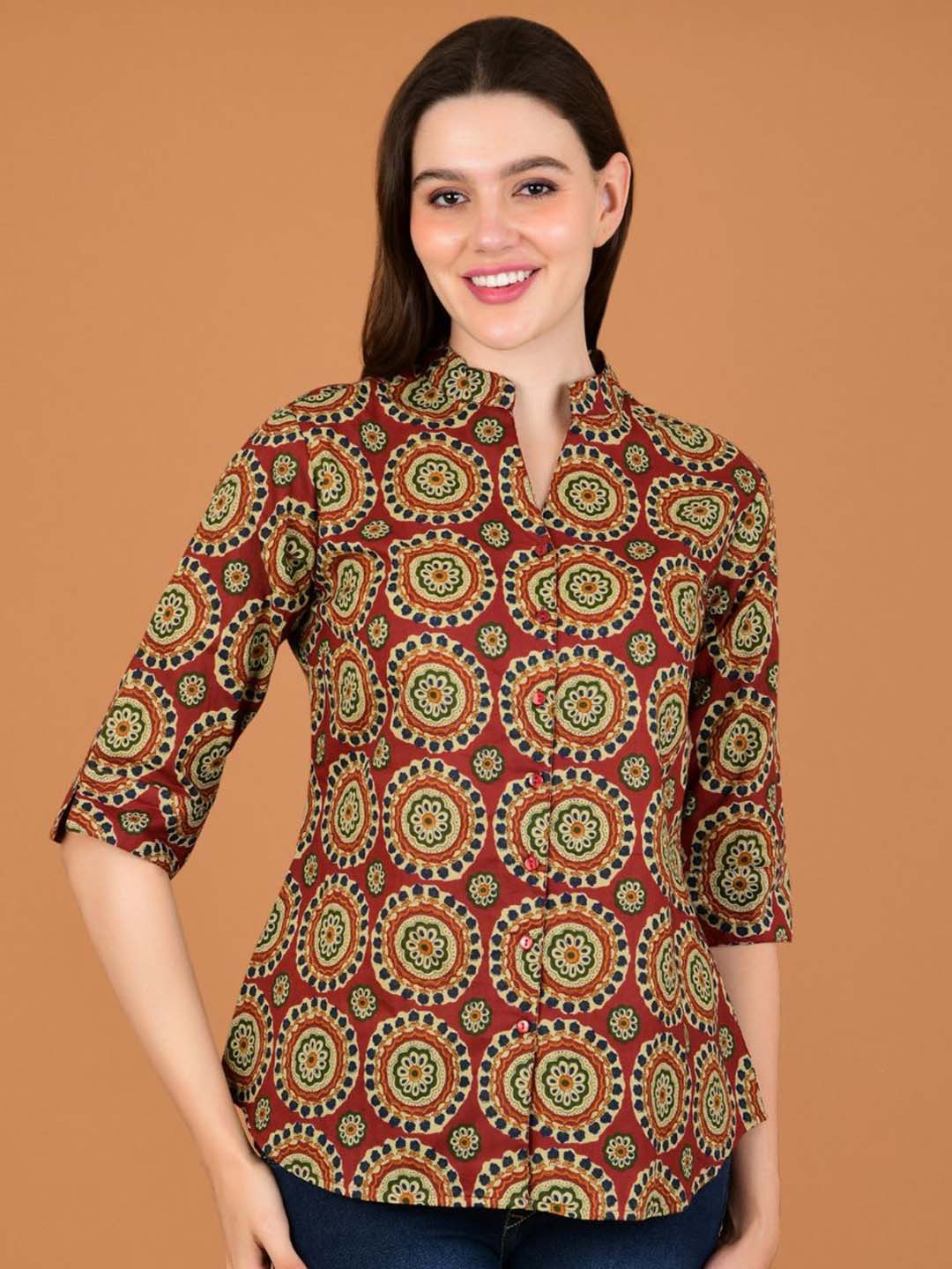 

Boholyfe Ethnic Motifs Printed Mandarin Collar Curved Cotton Casual Shirt, Maroon