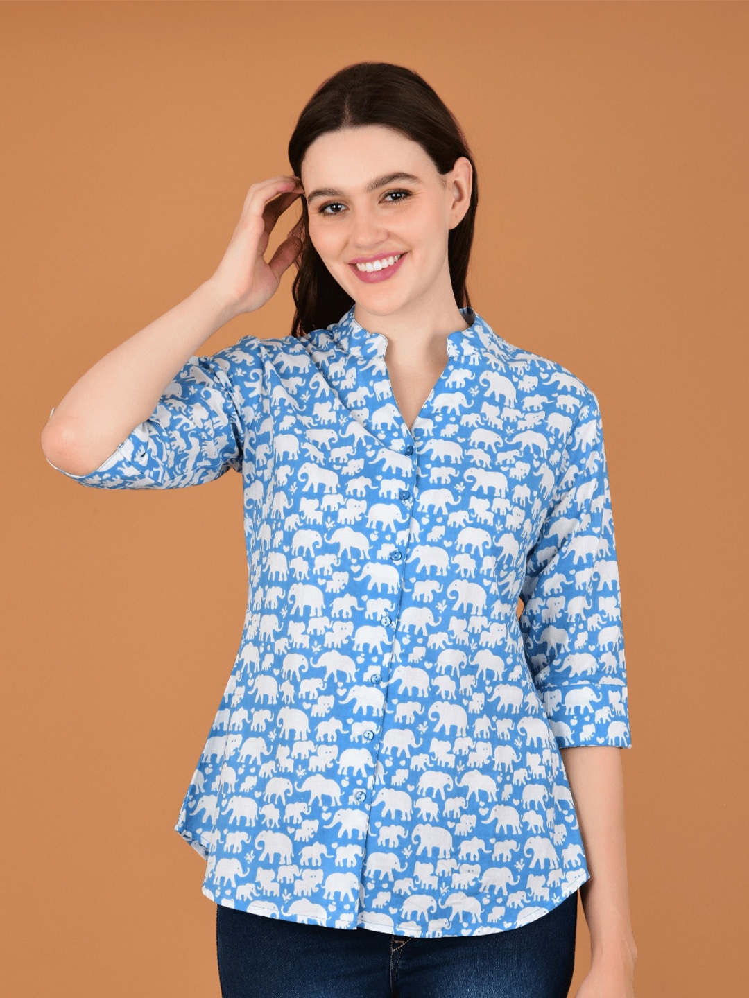 

Boholyfe Conversational Printed Mandarin Collar Curved Cotton Casual Shirt, Blue