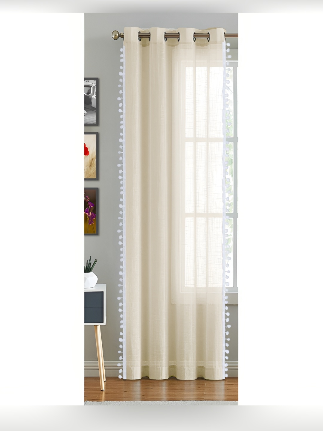 

HOMEMONDE Beige & White Cotton Eyelet Sheer Window Curtain