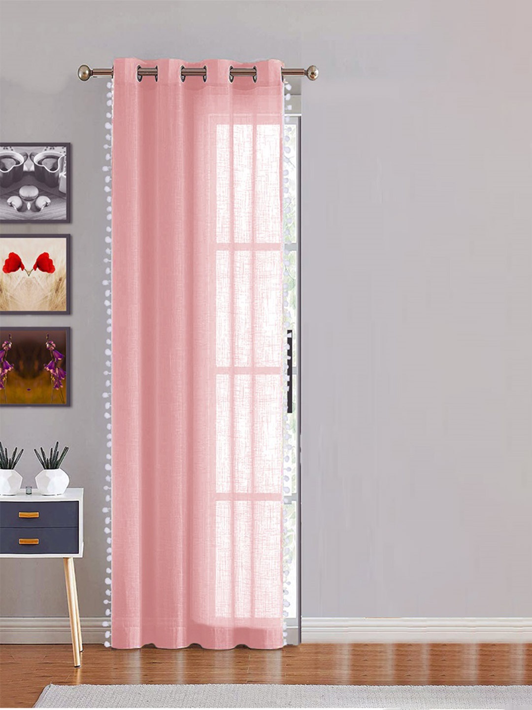 

HOMEMONDE Pink & White Cotton Sheer Long Door Curtain