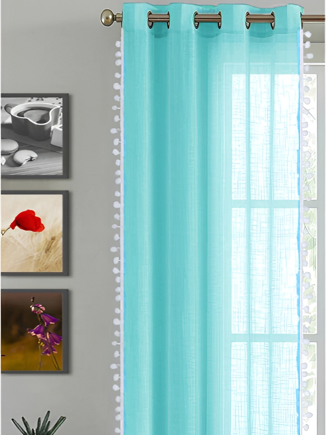 

HOMEMONDE Blue & White Cotton Eyelet Sheer Window Curtain