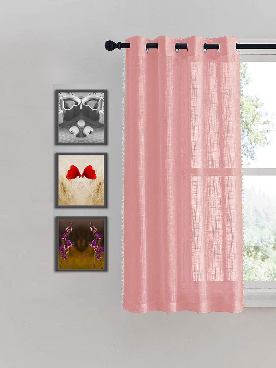 

HOMEMONDE Pink & White Self Design Cotton Sheer Window Curtain