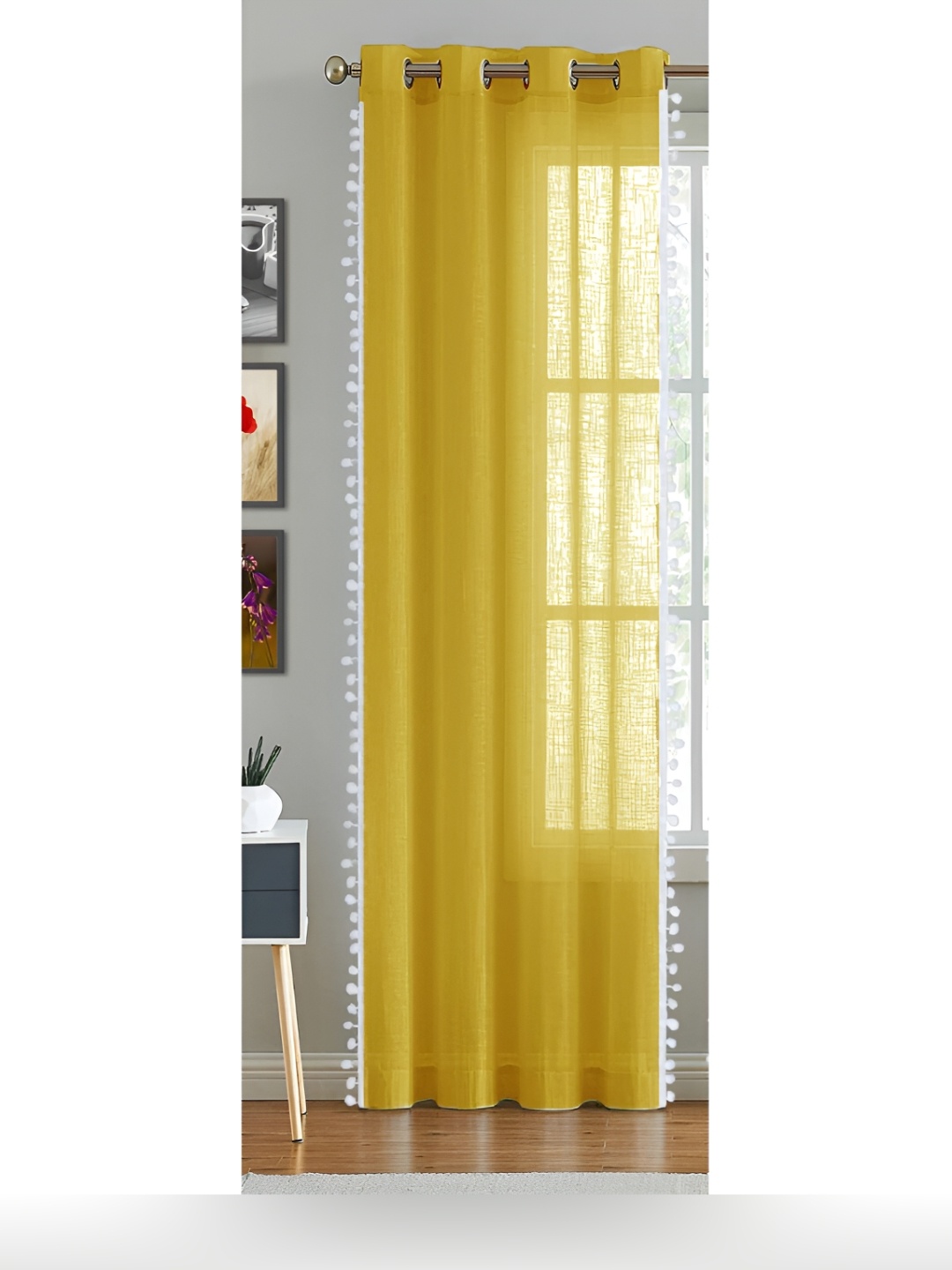 

HOMEMONDE Yellow & White Cotton Eyelet Sheer Window Curtain