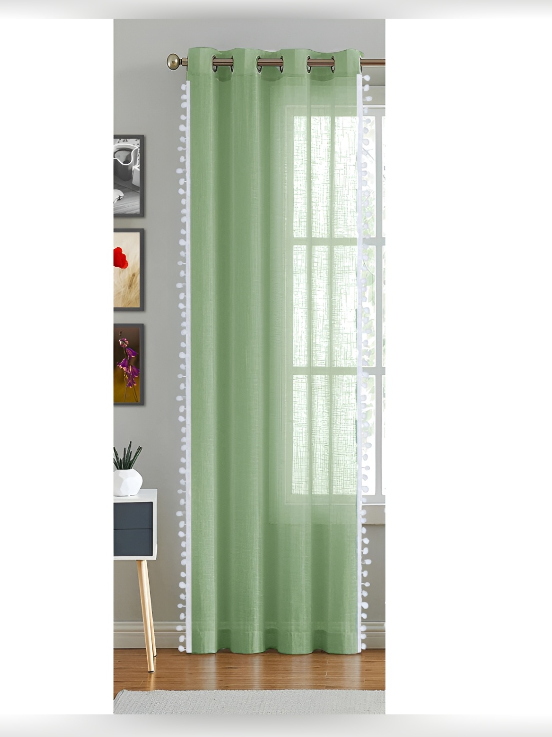 

HOMEMONDE Green & White Cotton Eyelet Sheer Long Door Curtain