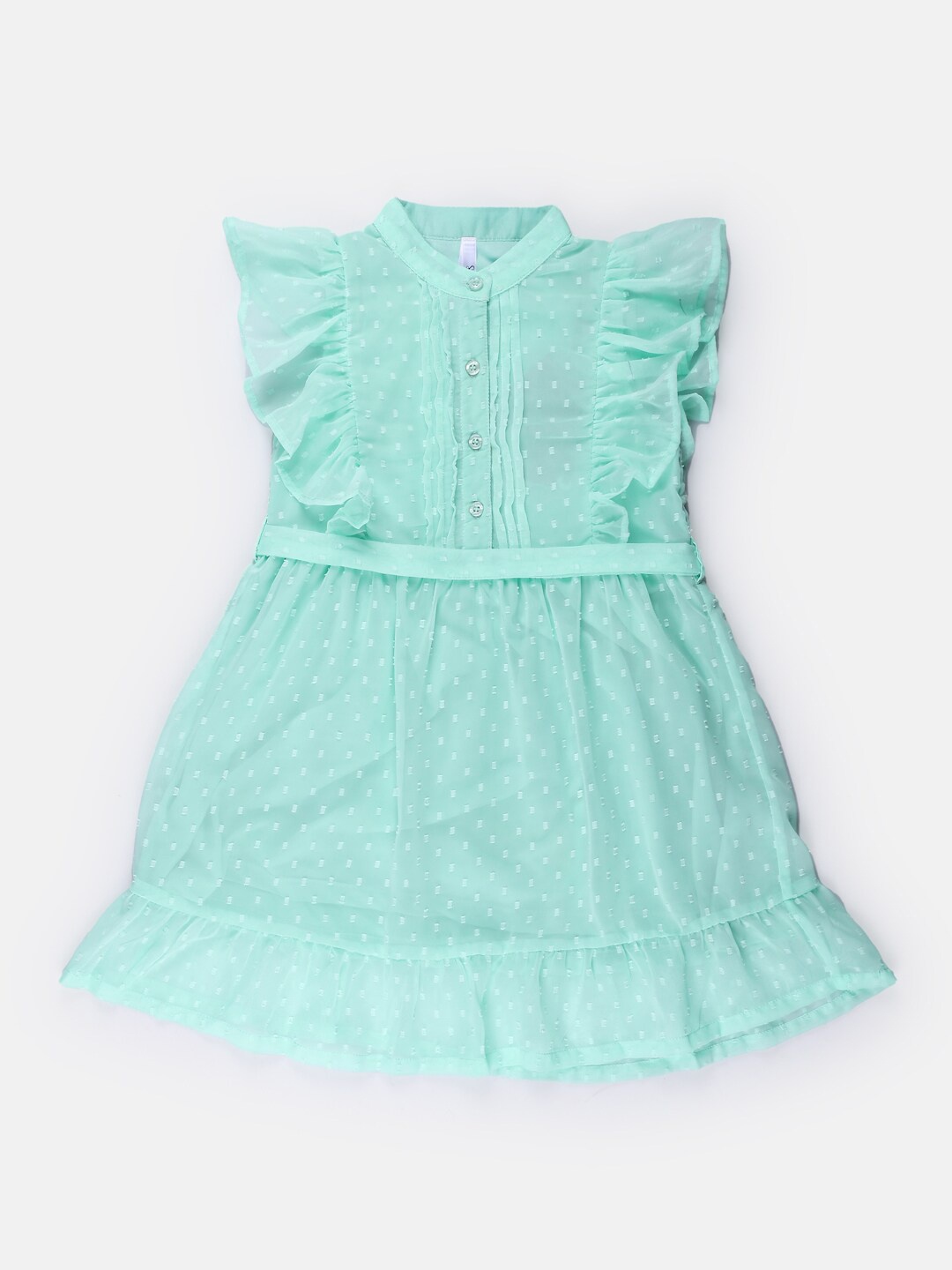

SPYBY Girls Self Design Mandarin Collar Flutter Sleeve Fit & Flare Dress, Green