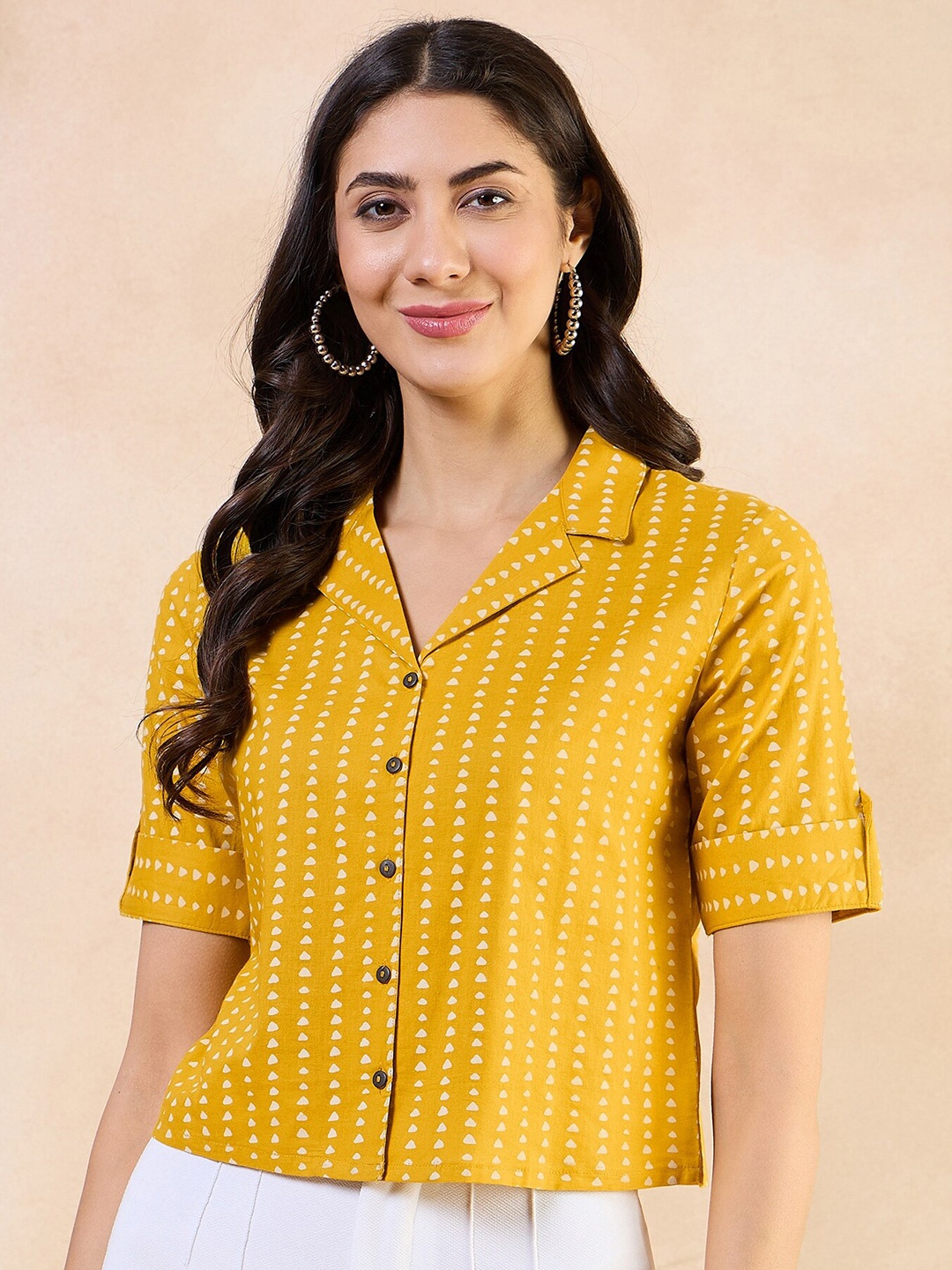 

Anouk Geometric Print Roll-Up Sleeves Cotton Top, Yellow