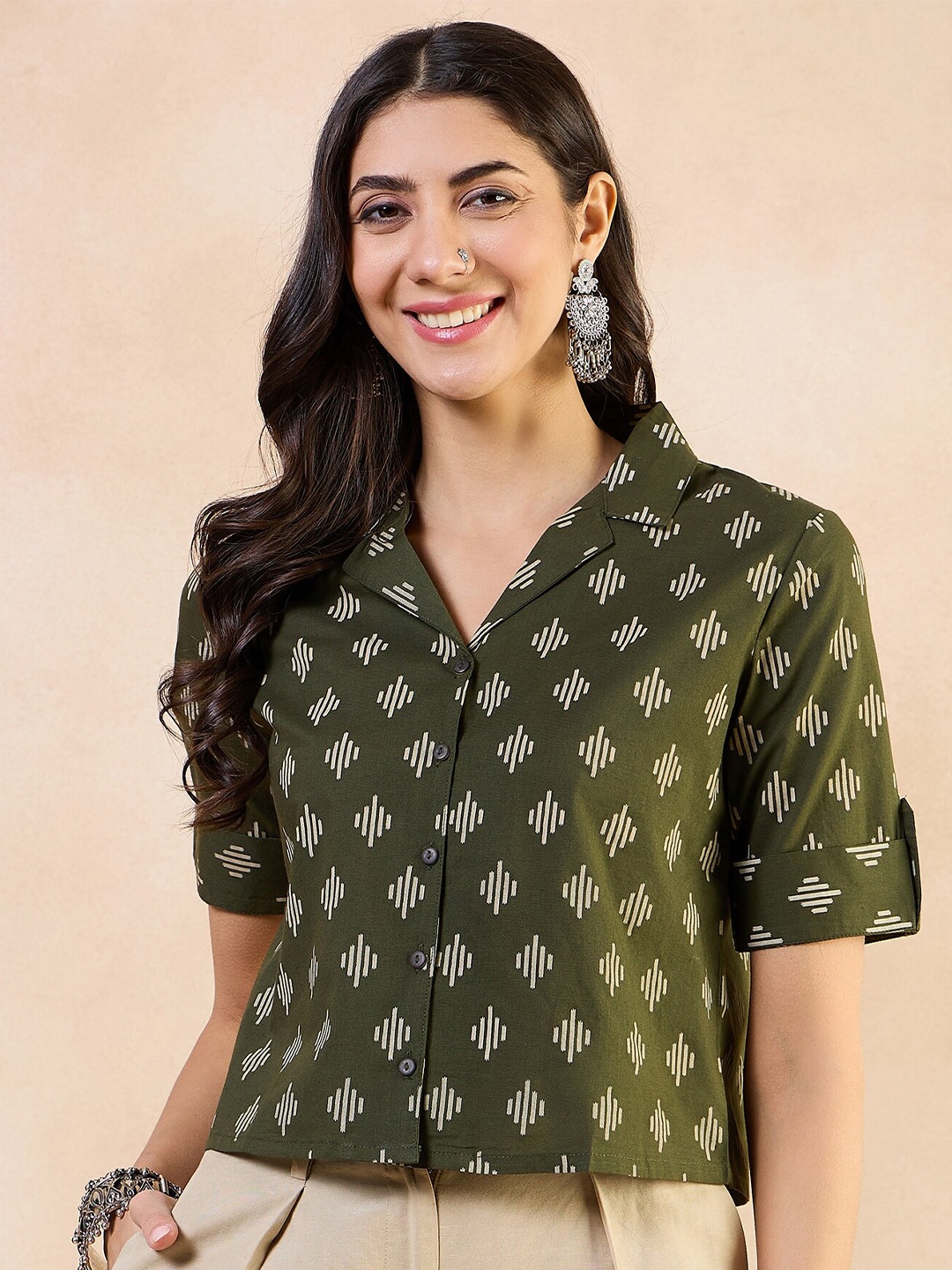 

Anouk Print Roll-Up Sleeves Cotton Top, Green