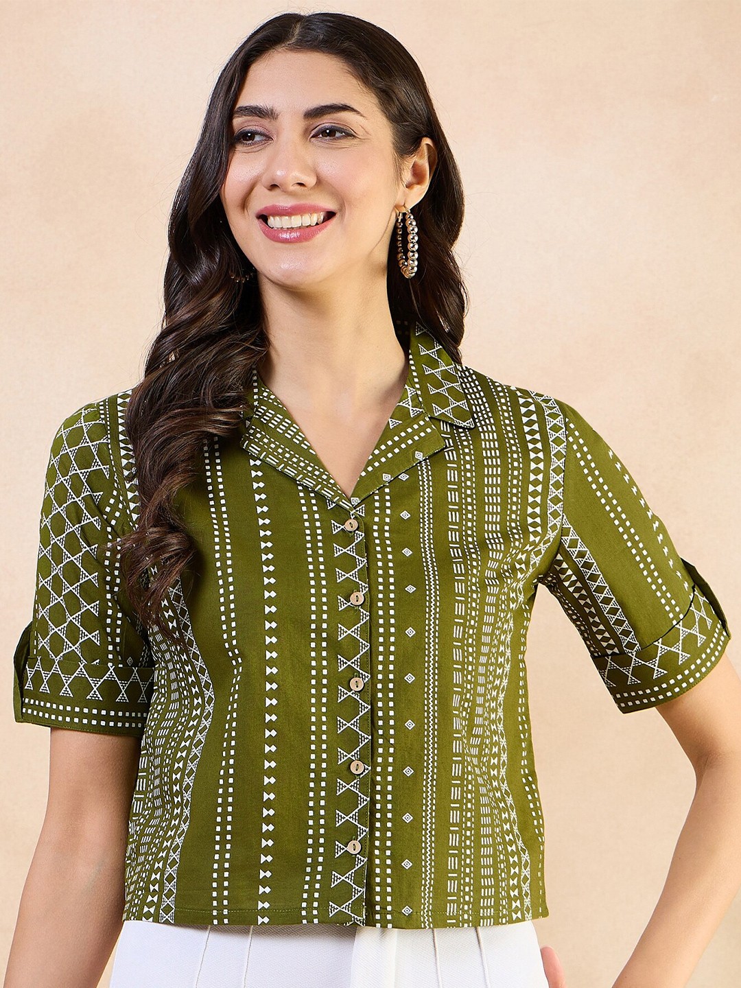 

Anouk Geometric Shirt Collar Roll-Up Sleeves Cotton Shirt Style Top, Green