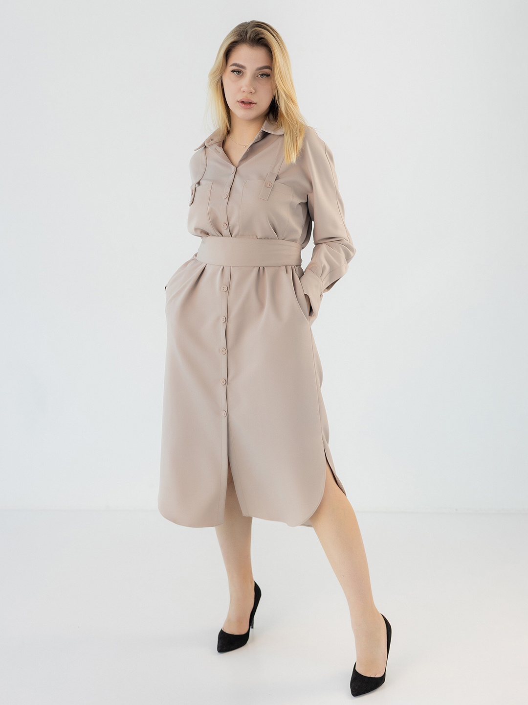 

Diyas London Shirt Collar Cuffed Sleeves Curved Knitted Shirt Dress, Beige