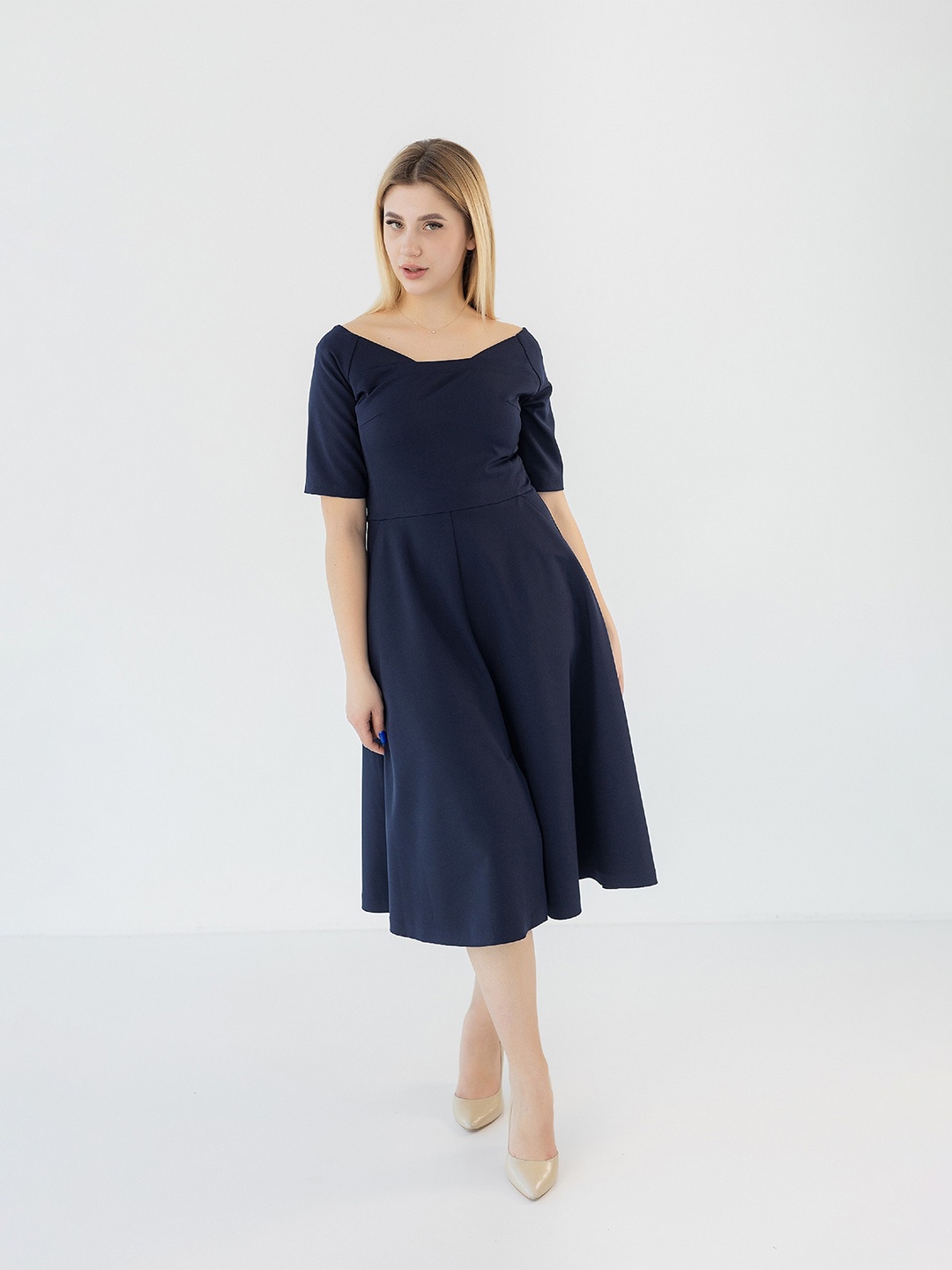 

Diyas London Boat Neck Short Sleeves Flared Fit & Flare Dress, Navy blue