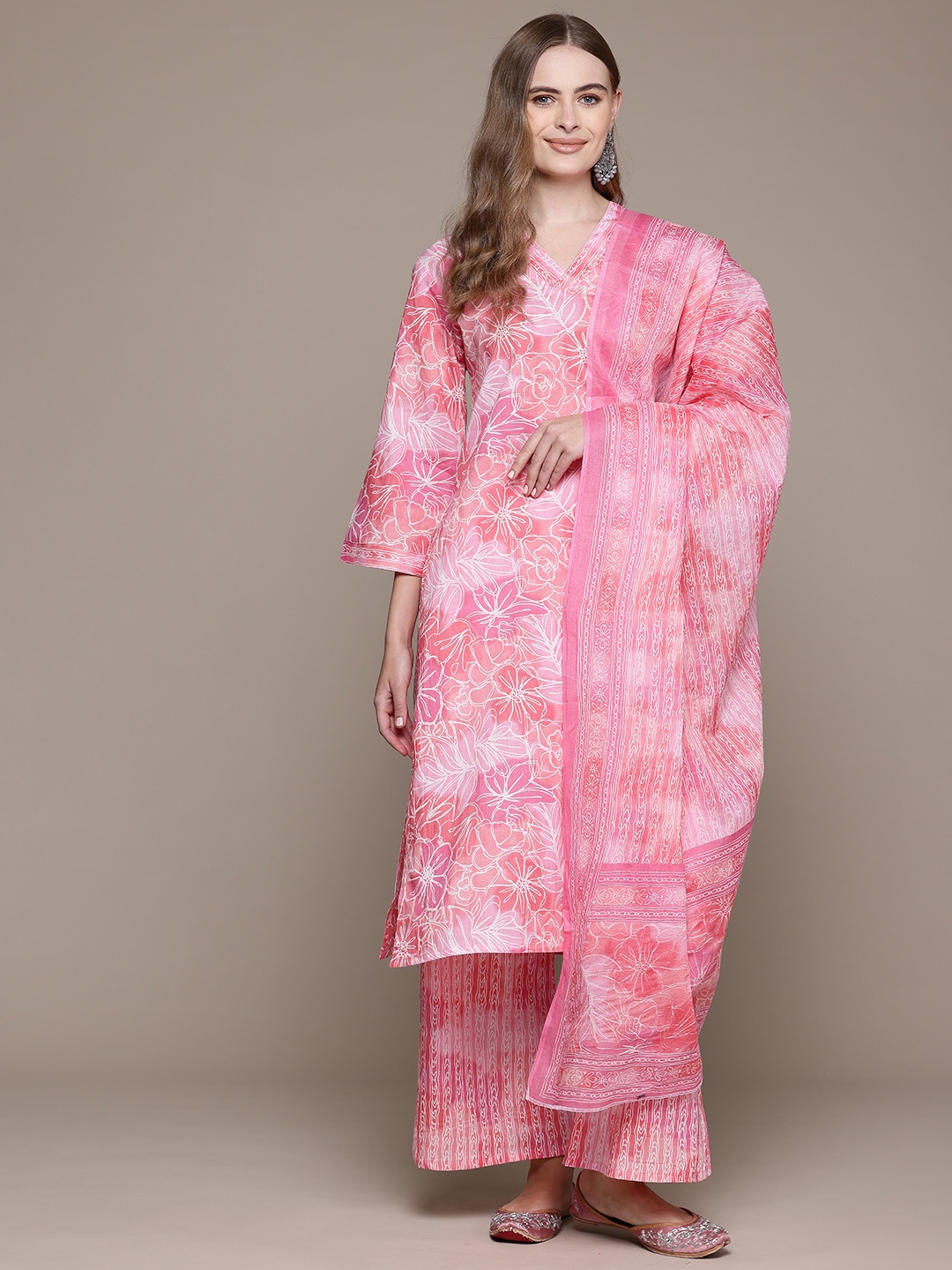 

Readiprint Floral Printed Pure Cotton Kurta With Palazzos & Dupatta, Pink