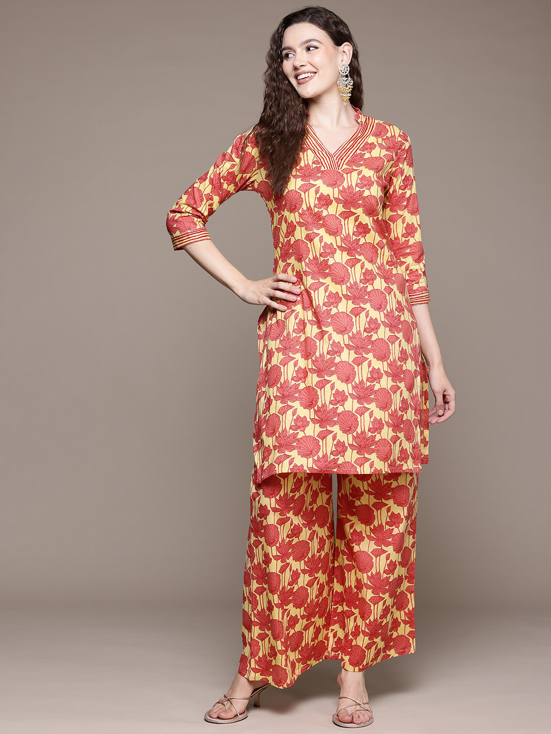 

Readiprint Floral Printed Pure Cotton Kurta With Palazzos, Peach