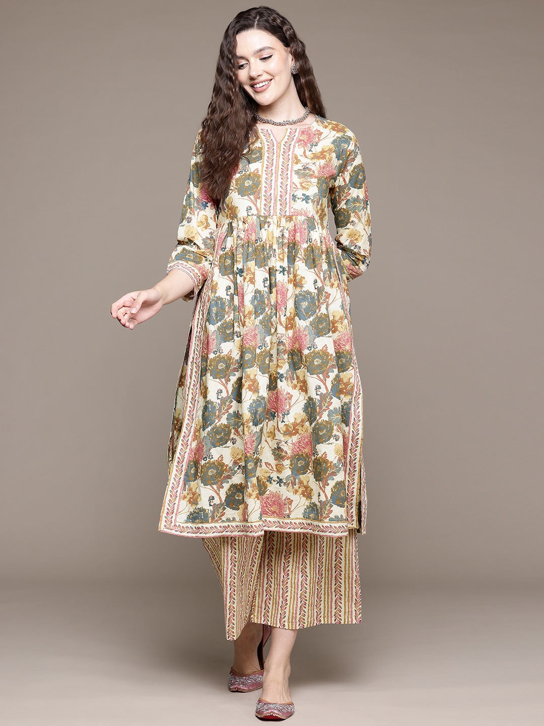 Readiprint Floral Printed High Slit Pure Cotton Kurta With Palazzos, Multi