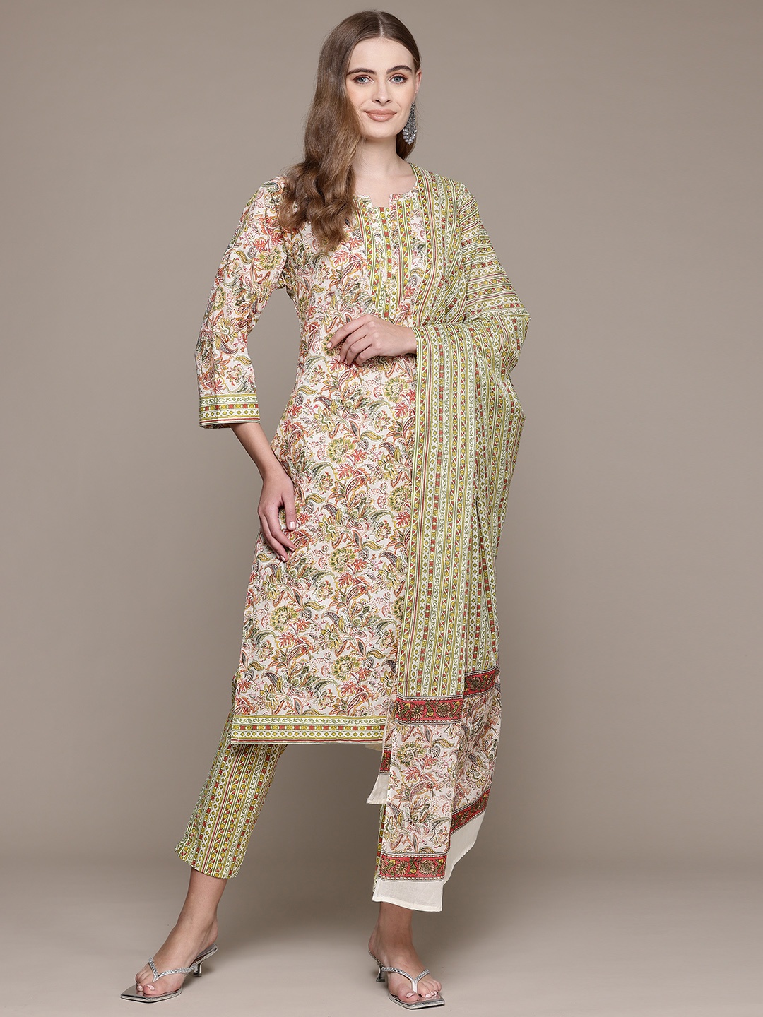 

Readiprint Floral Printed Regular Pure Cotton Kurta With Trousers & Dupatta, Green