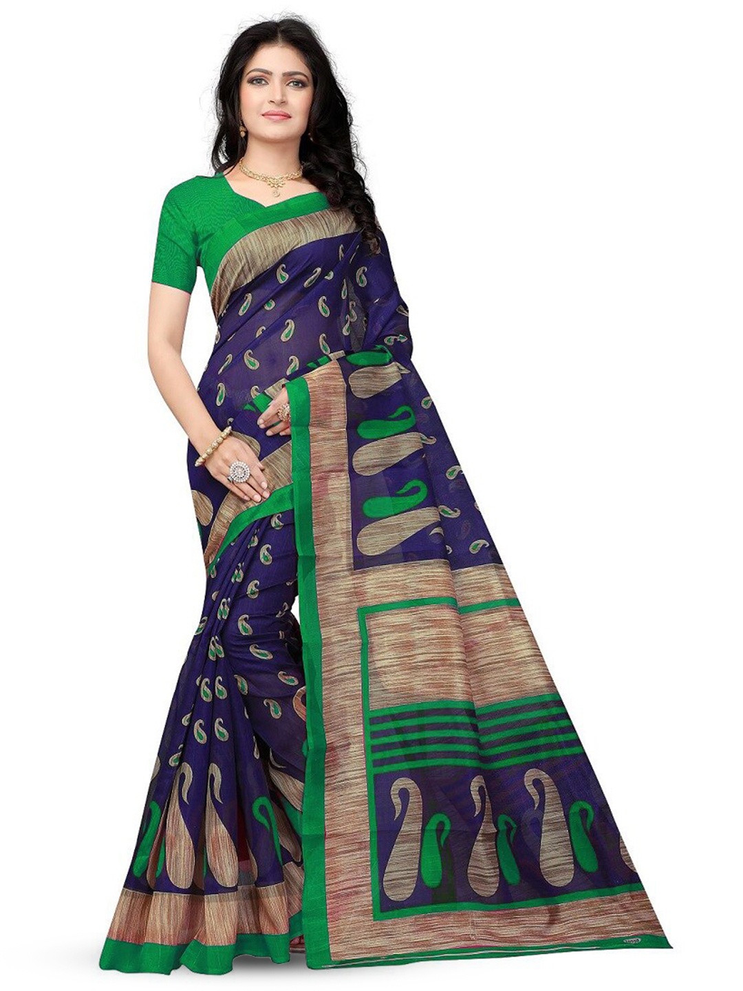 

RUNAYA NX Paisley Bhagalpuri Saree, Green