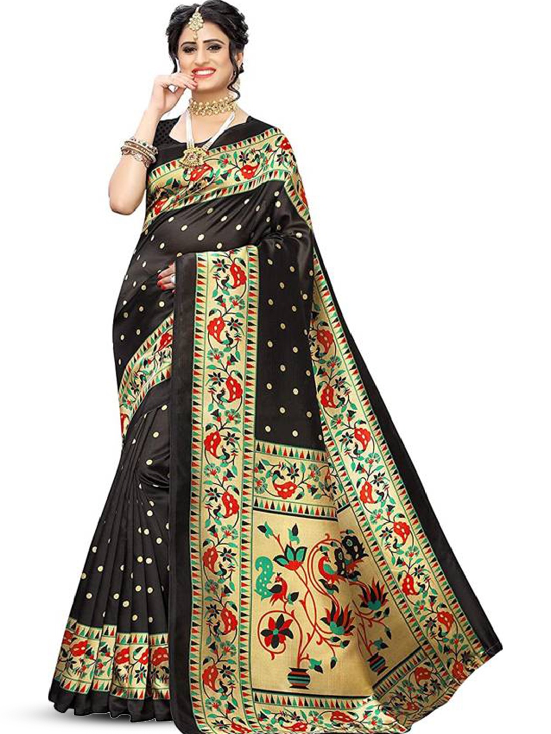 

RUNAYA NX Floral Art Silk Block Print Saree, Black