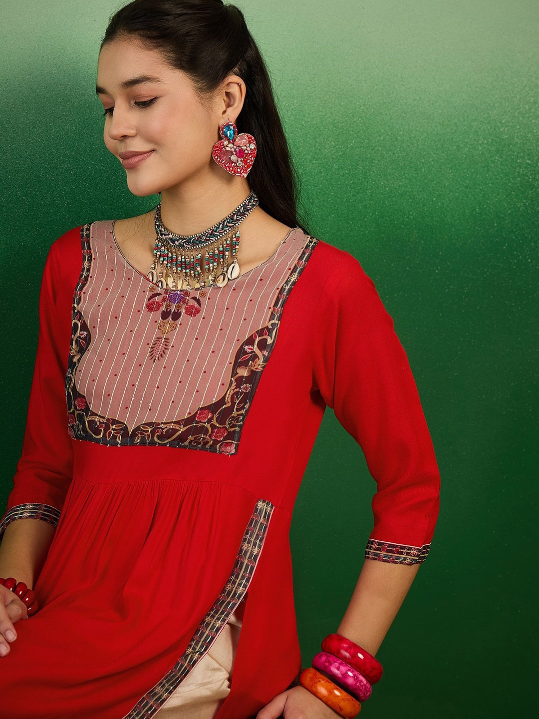 

Sangria Ethnic Motifs Yoke Design A-Line Kurta, Red