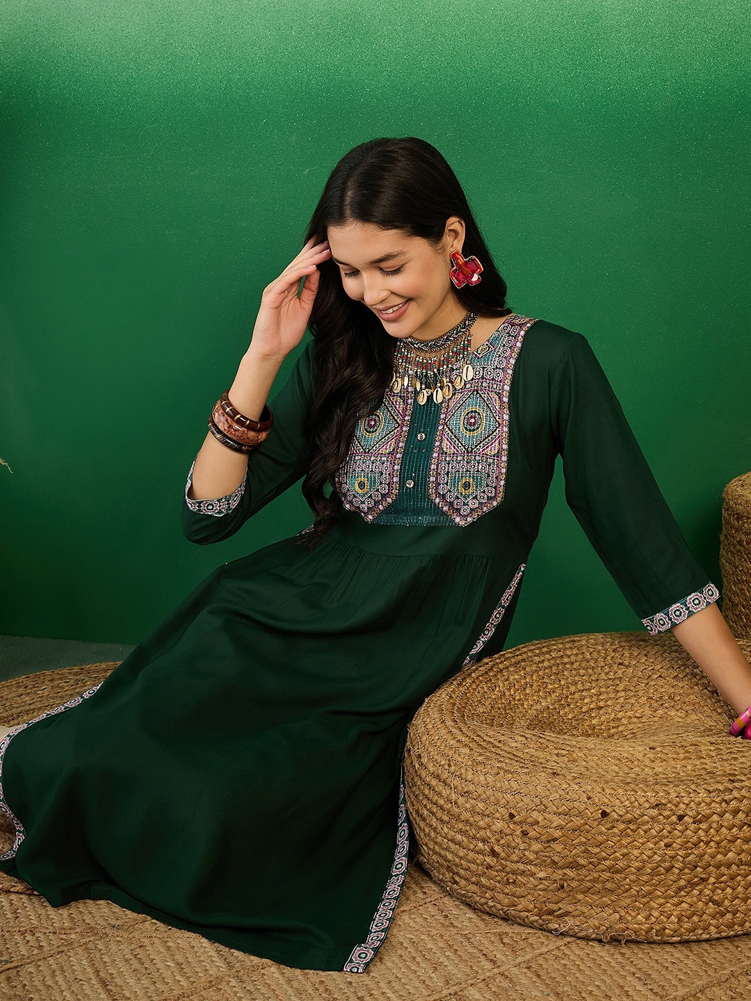 

Sangria Yoke-Designed A-Line Kurta, Green