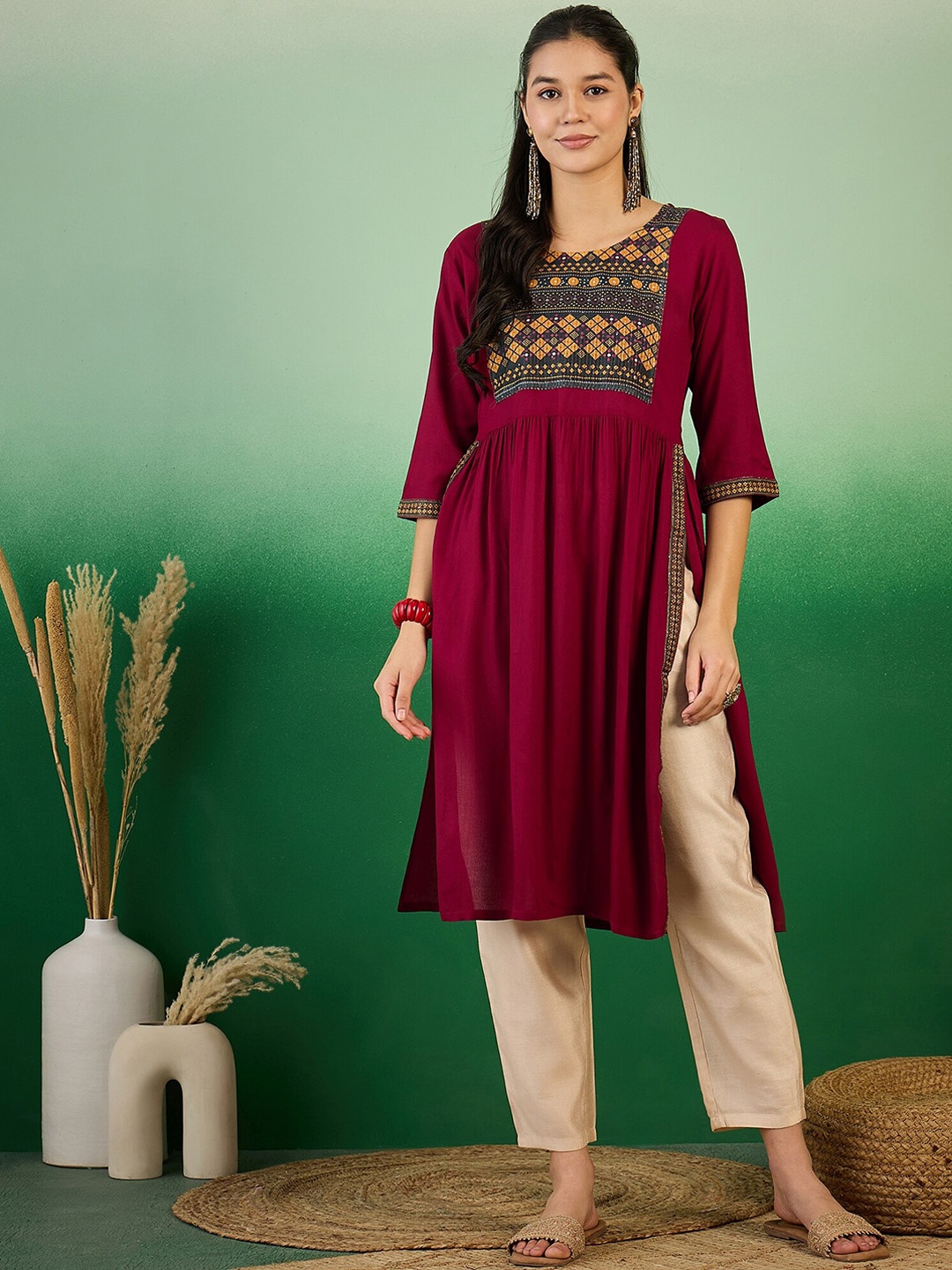 

Sangria Ethnic Motifs Yoke Design Round Neck A Line Kurta, Maroon