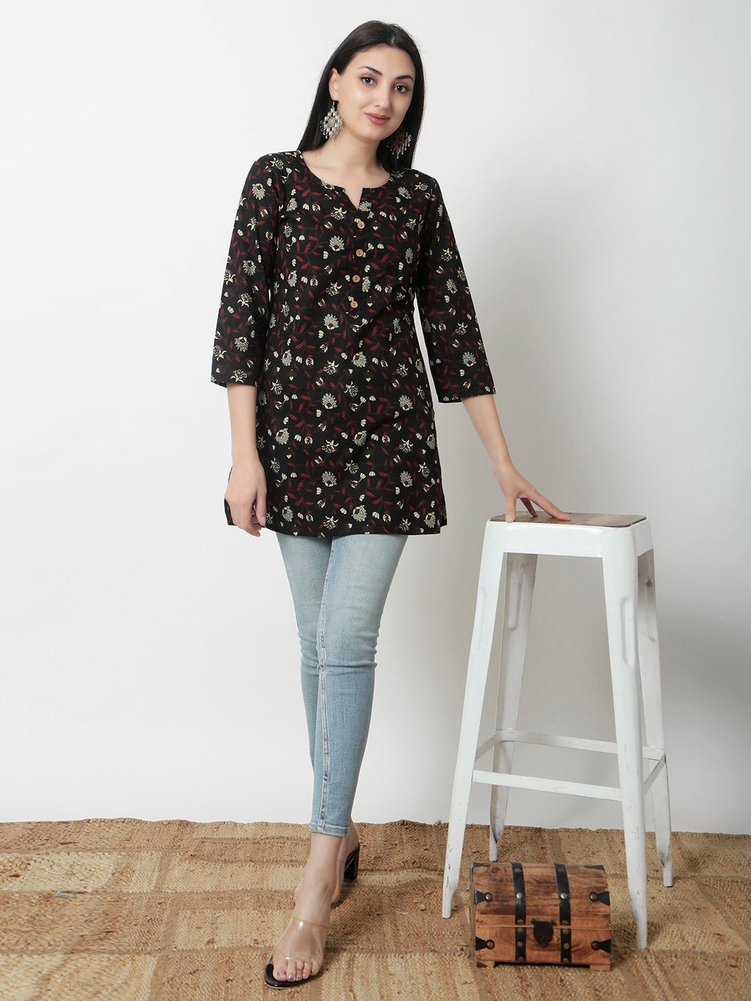 

JANAKDULARI CREATION Floral Print Cotton Top, Black