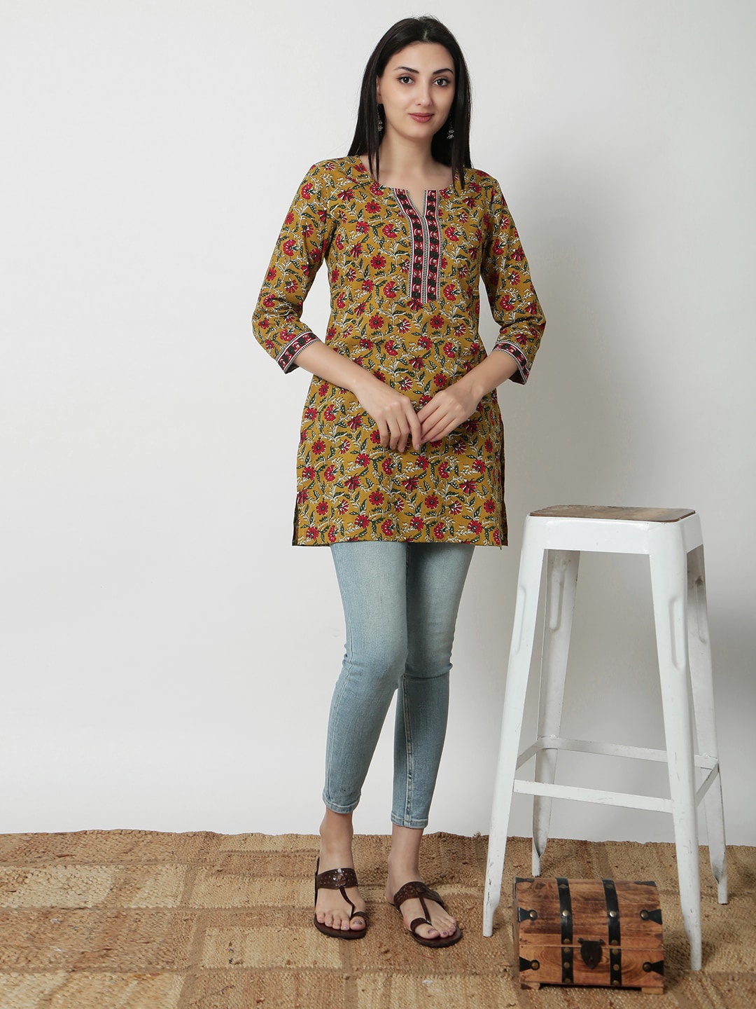 

JANAKDULARI CREATION Print Cotton Top, Mustard