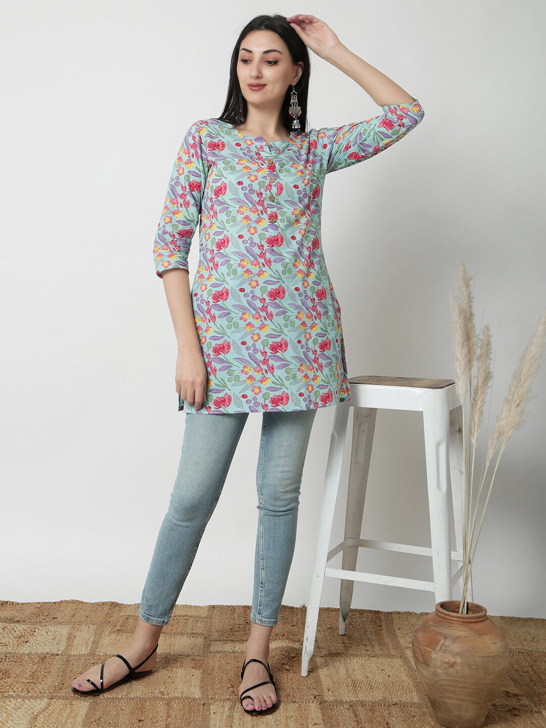 

JANAKDULARI CREATION Floral Print Cotton Top, Green