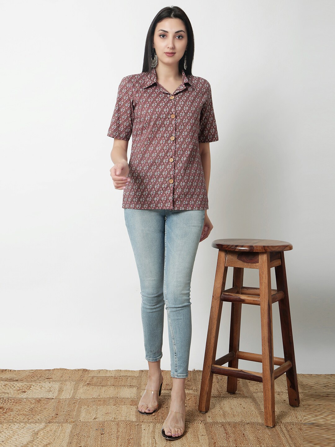 

JANAKDULARI CREATION Geometric Print Cotton Shirt Style Top, Brown