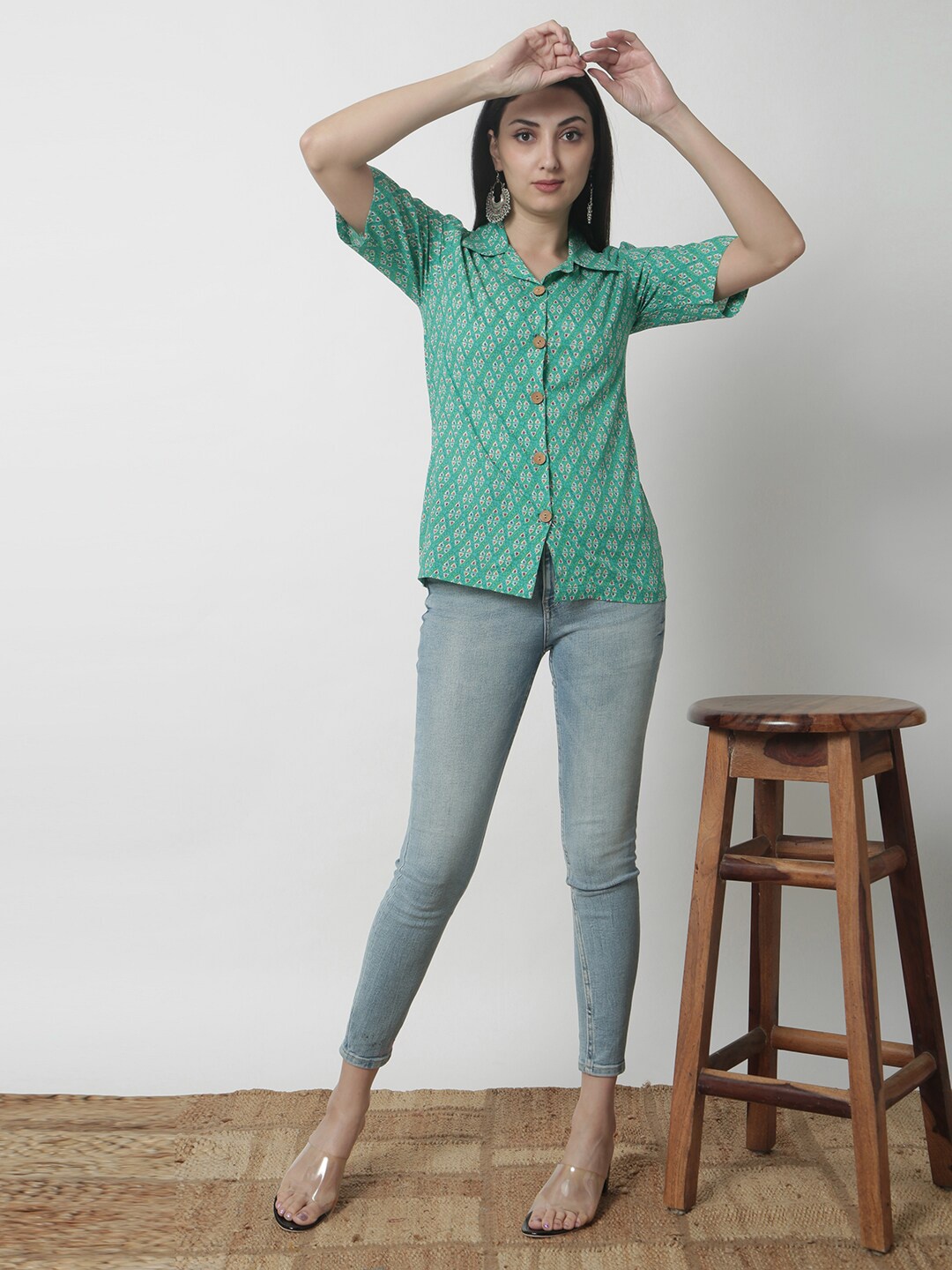 

JANAKDULARI CREATION Geometric Print Cotton Shirt Style Top, Sea green