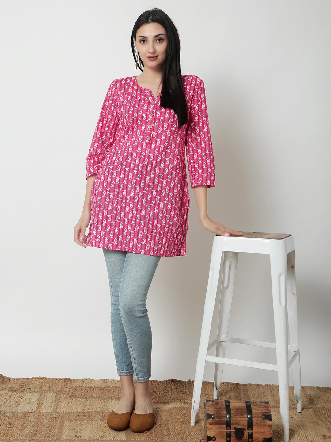 

JANAKDULARI CREATION Geometric Print Puff Sleeve Cotton Top, Pink