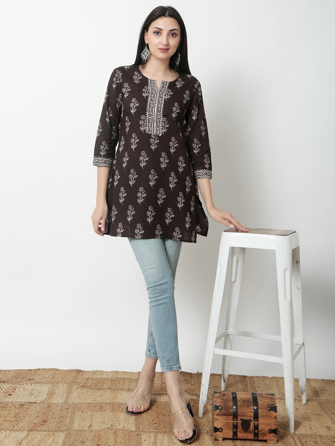 

JANAKDULARI CREATION Floral Print Tie-Up Neck Cotton Top, Brown