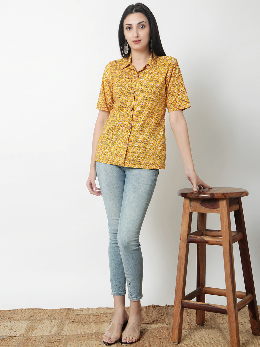

JANAKDULARI CREATION Geometric Print Cotton Shirt Style Top, Mustard