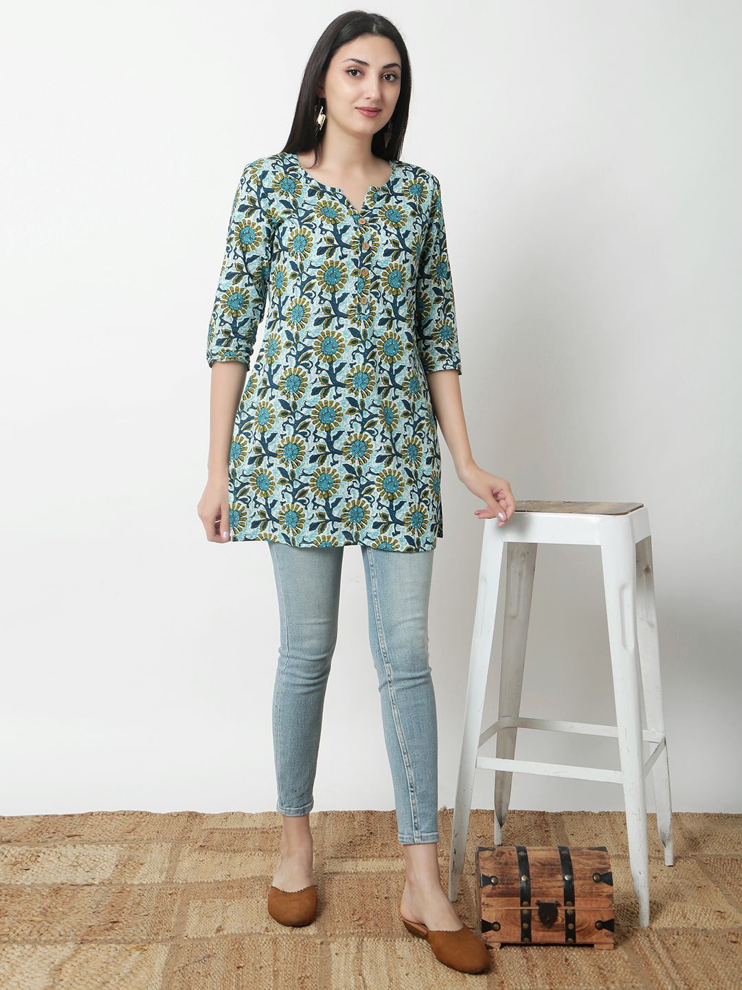 

JANAKDULARI CREATION Floral Print Mandarin Collar Cotton Shirt Style Longline Top, Sea green