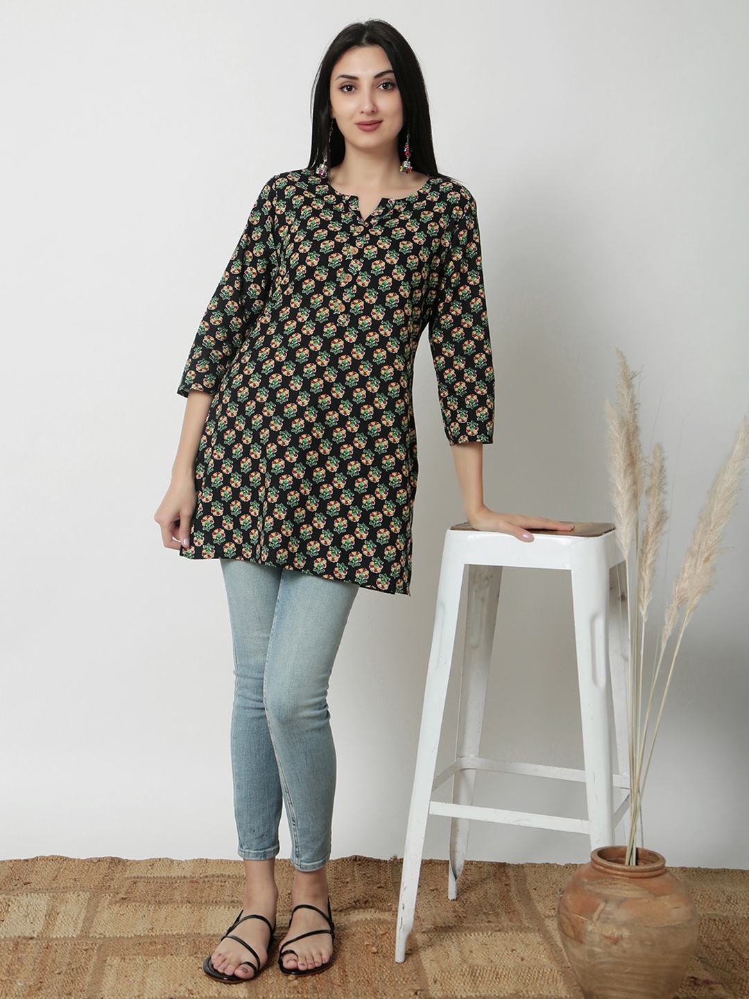 

JANAKDULARI CREATION Print Cotton Top, Black