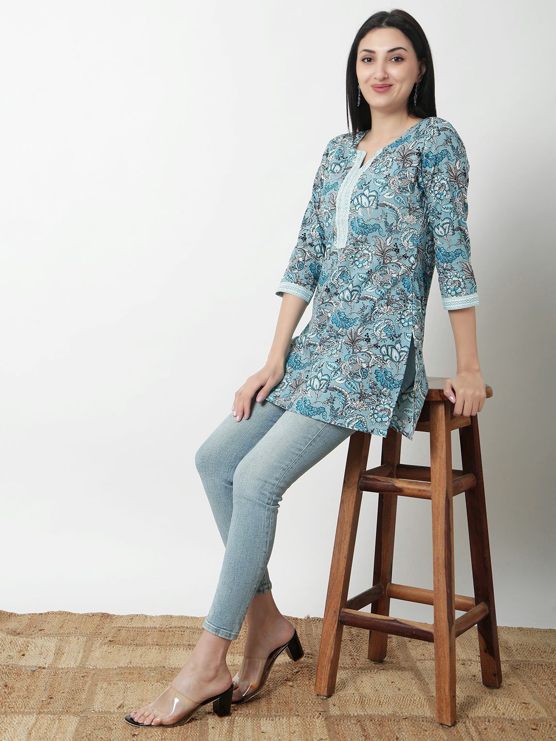 

JANAKDULARI CREATION Floral Print Cotton Top, Blue