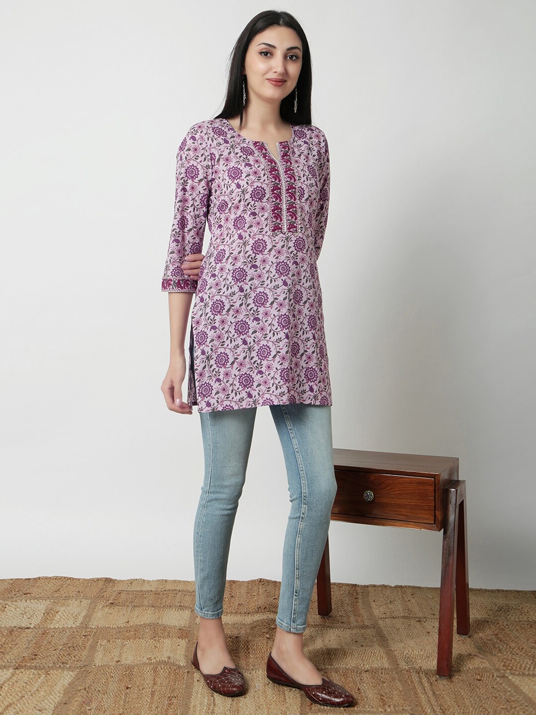 

JANAKDULARI CREATION Floral Print Cotton Longline Top, Purple