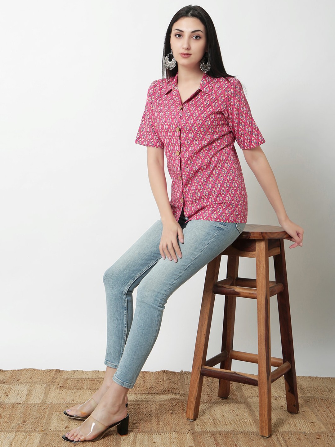 

JANAKDULARI CREATION Geometric Print Cotton Shirt Top, Pink