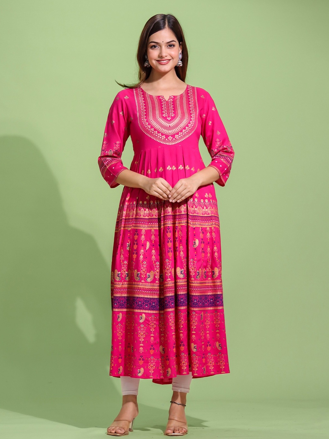 

AARYAHI Ethnic Motifs Print Notch Neck Regular Sleeves Sequined Fit & Flare Midi Dress, Pink